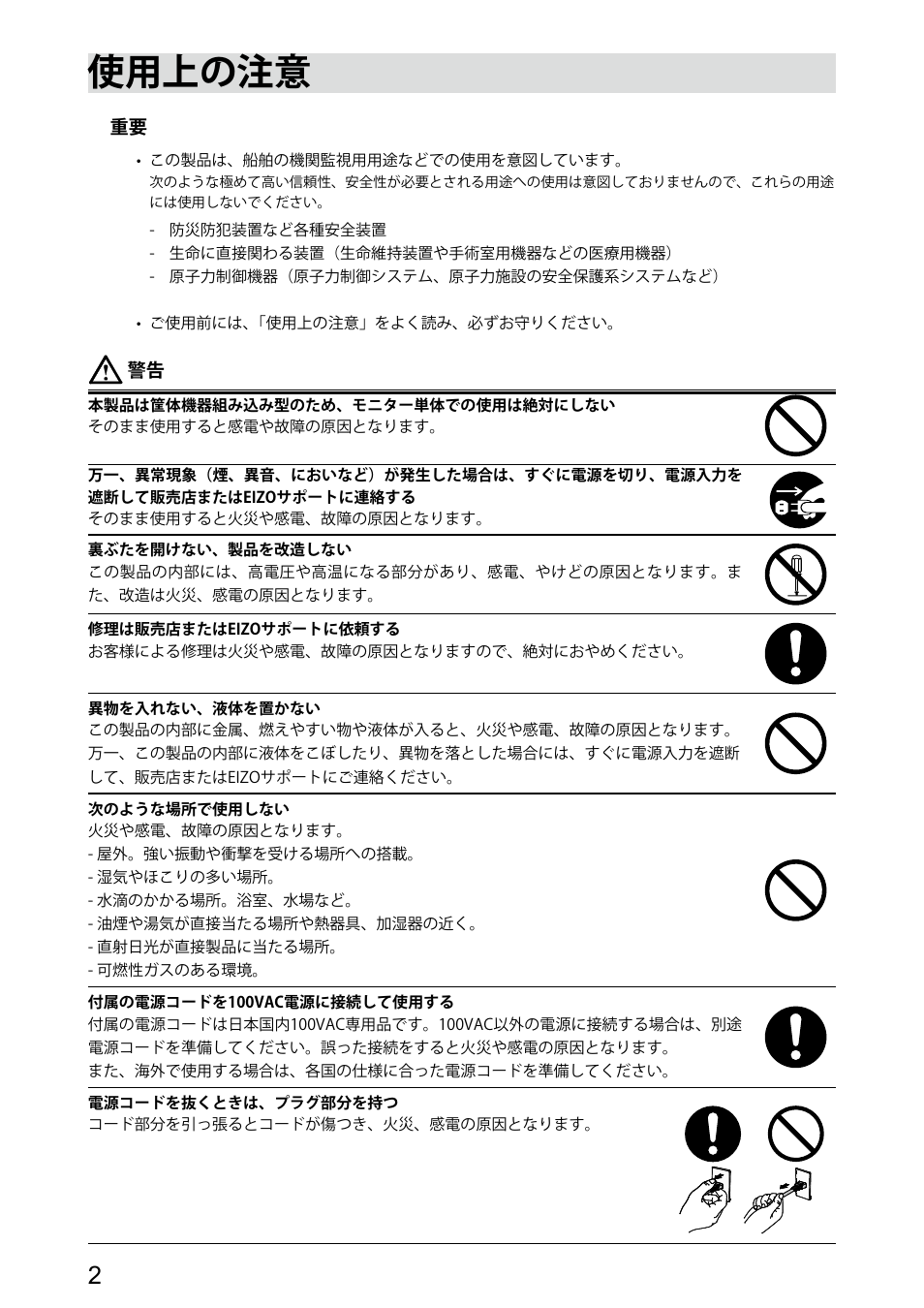 使用上の注意 | Eizo DuraVision FDU2101 / FDU2101T 取扱説明書 User Manual | Page 4 / 31