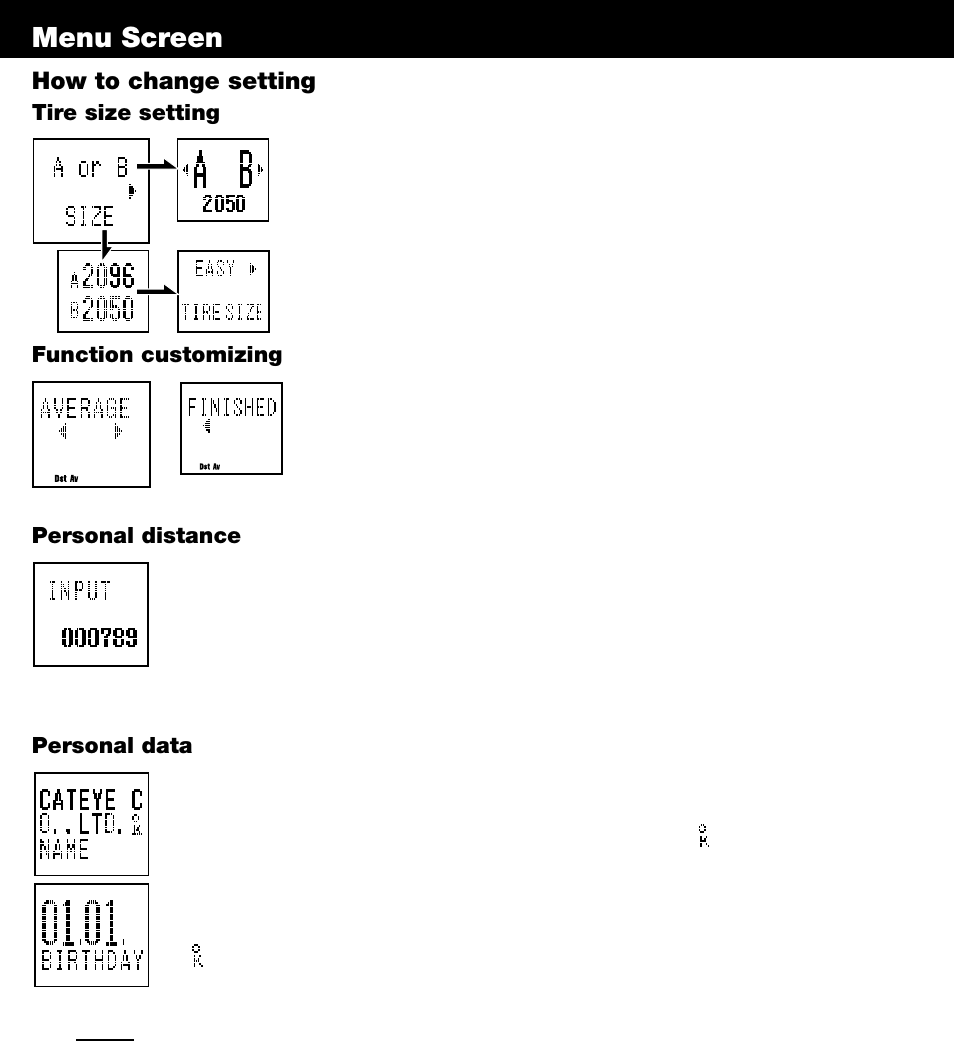 Troubleshooting, Menu screen (continued) | CatEye PERSONAL CYCLOCOMPUTER OS 1.0 User Manual | Page 12 / 16