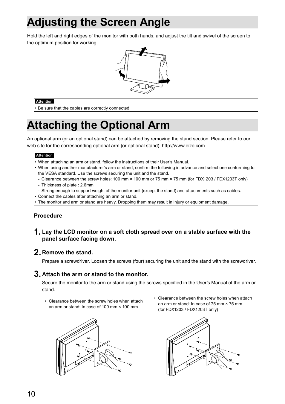 Adjusting the screen angle, Attaching the optional arm | Eizo DuraVision FDX1003 / FDX1003T 取扱説明書 User Manual | Page 27 / 84