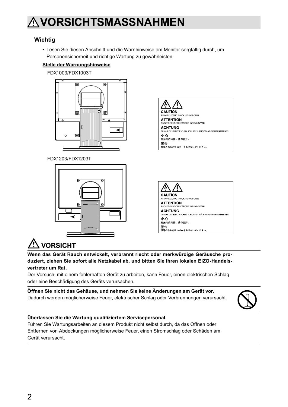 Vorsichtsmassnahmen | Eizo DuraVision FDX1003 / FDX1003T 取扱説明書 User Manual | Page 35 / 84
