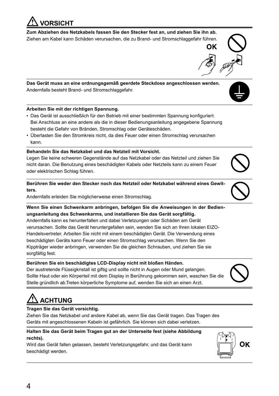 Vorsicht, Achtung | Eizo DuraVision FDX1003 / FDX1003T 取扱説明書 User Manual | Page 37 / 84