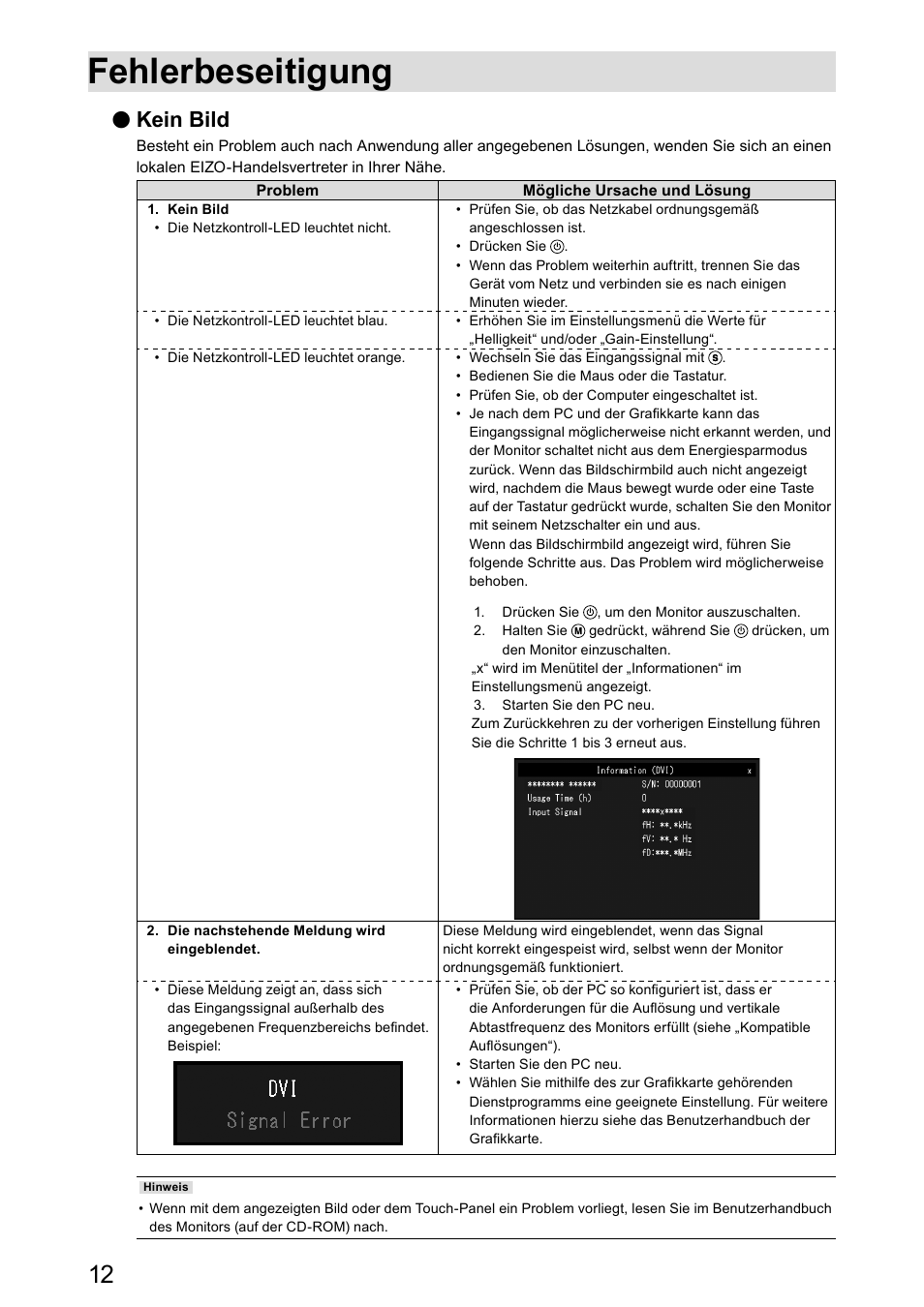 Fehlerbeseitigung, Kein bild | Eizo DuraVision FDX1003 / FDX1003T 取扱説明書 User Manual | Page 45 / 84