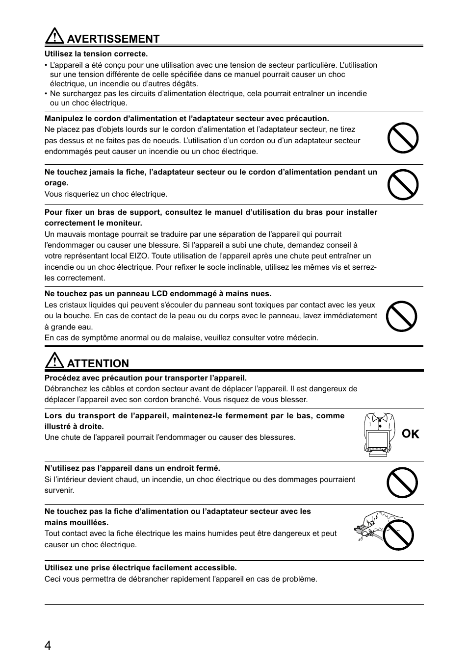Avertissement, Attention | Eizo DuraVision FDX1003 / FDX1003T 取扱説明書 User Manual | Page 53 / 84