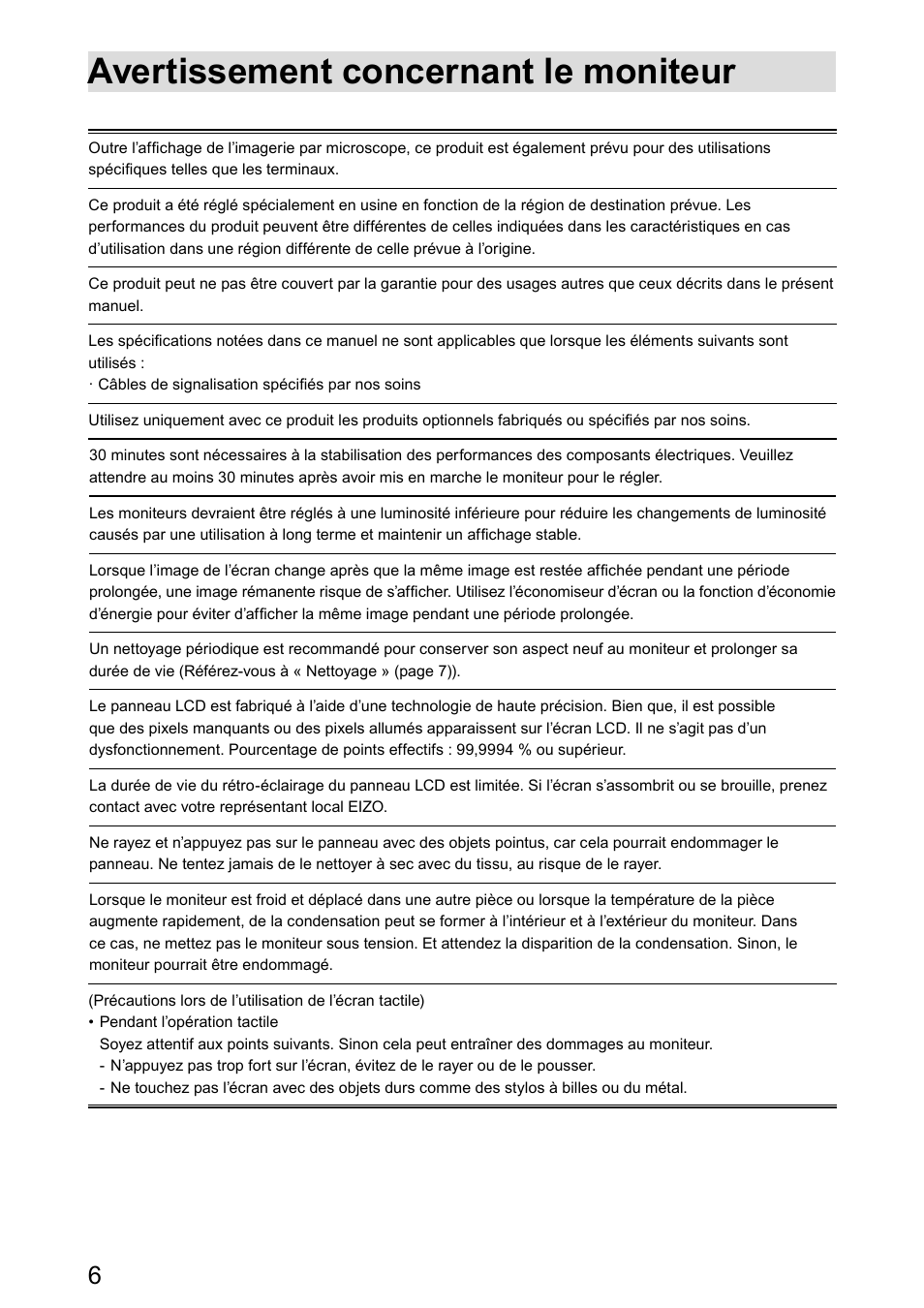 Avertissement concernant le moniteur | Eizo DuraVision FDX1003 / FDX1003T 取扱説明書 User Manual | Page 55 / 84