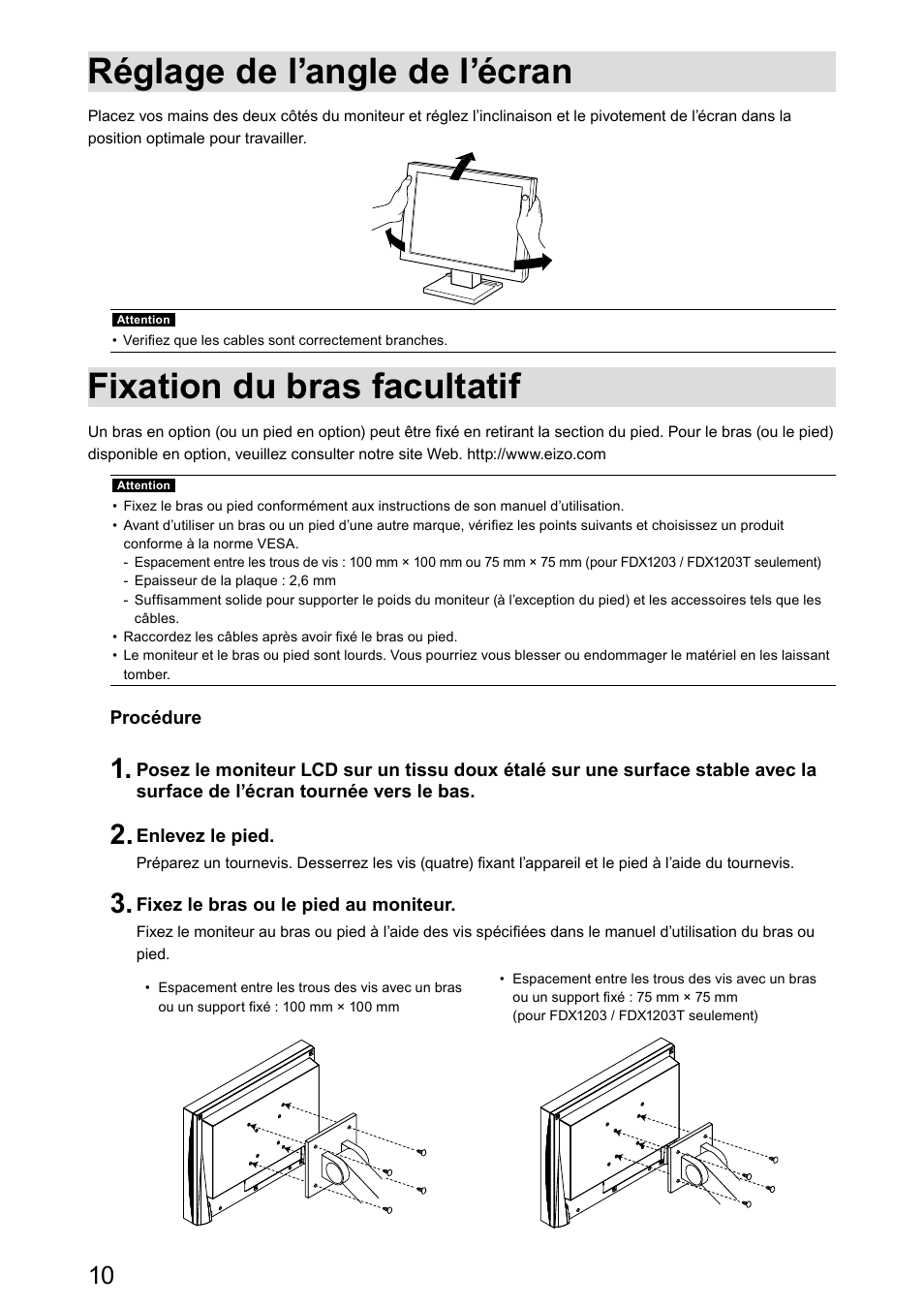 Réglage de l’angle de l’écran, Fixation du bras facultatif | Eizo DuraVision FDX1003 / FDX1003T 取扱説明書 User Manual | Page 59 / 84