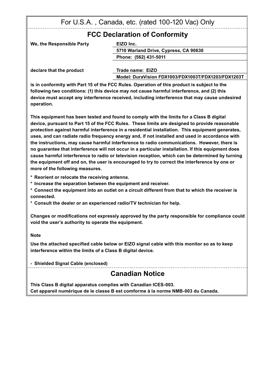 Canadian notice | Eizo DuraVision FDX1003 / FDX1003T 取扱説明書 User Manual | Page 82 / 84