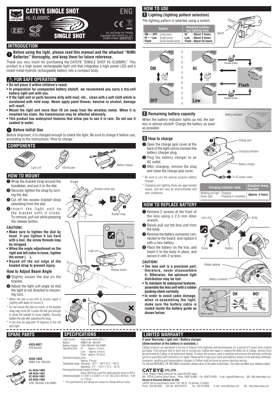 CatEye SINGLE SHOT HL-EL600RC User Manual | 1 page