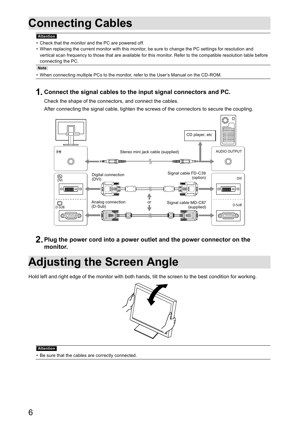 Connecting cables, Adjusting the screen angle | Eizo DuraVision FDX1521T 取扱説明書 User Manual | Page 18 / 44