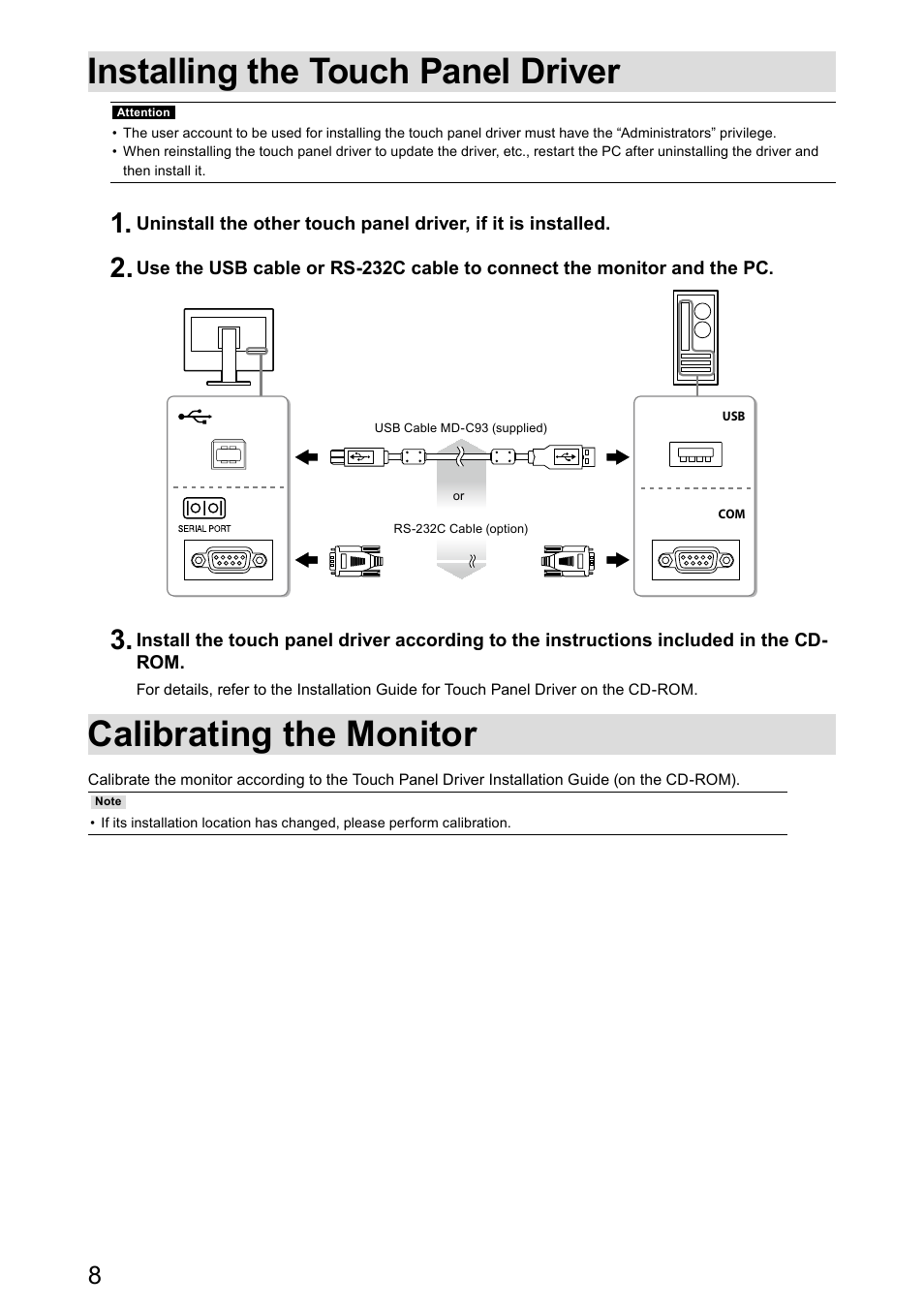 Installing the touch panel driver, Calibrating the monitor | Eizo DuraVision FDX1521T 取扱説明書 User Manual | Page 20 / 44