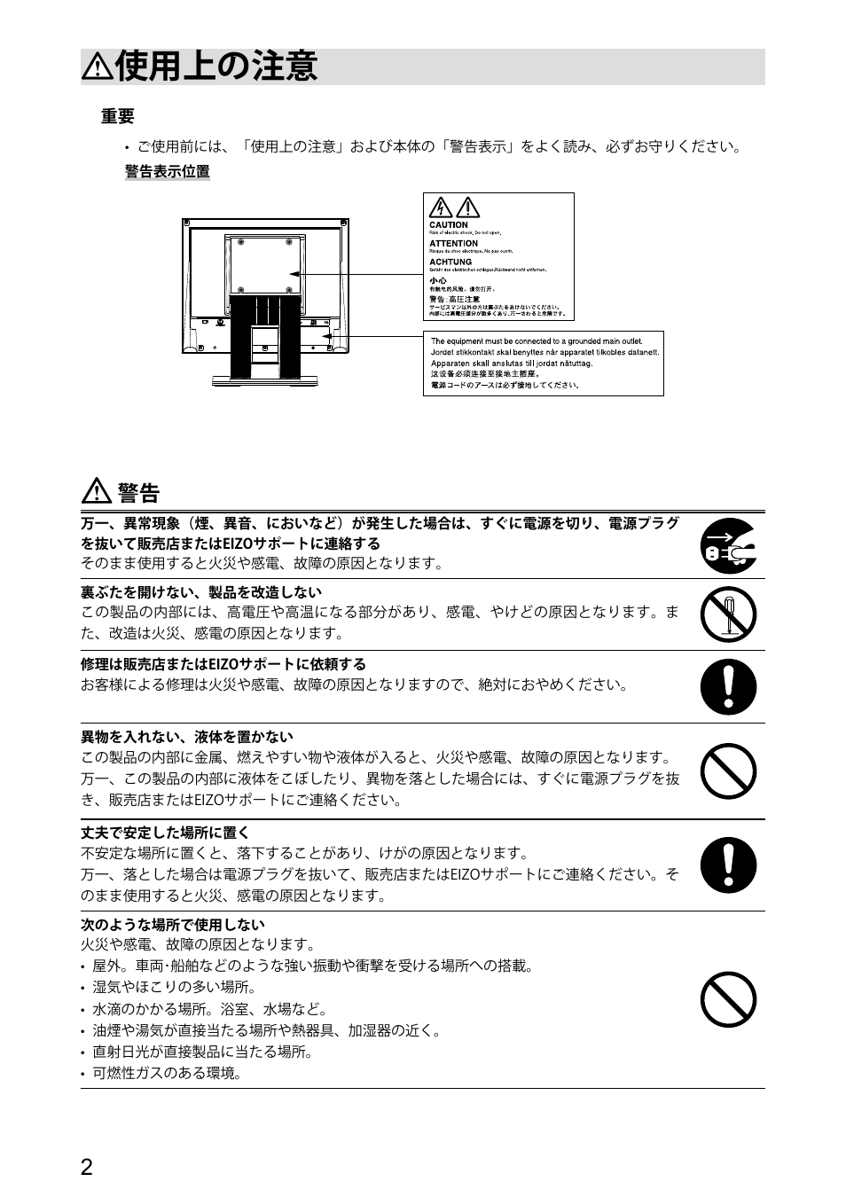 使用上の注意 | Eizo DuraVision FDX1521T 取扱説明書 User Manual | Page 4 / 44