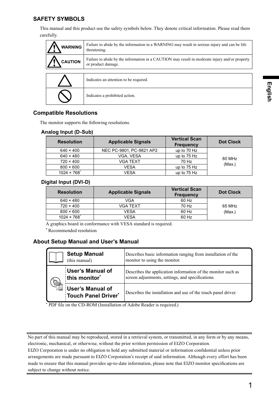 En gli sh safety symbols, Compatible resolutions, About setup manual and user’s manual setup manual | User’s manual of this monitor, User’s manual of touch panel driver | Eizo DuraVision FDX1501 / FDX1501T 取扱説明書 User Manual | Page 14 / 58