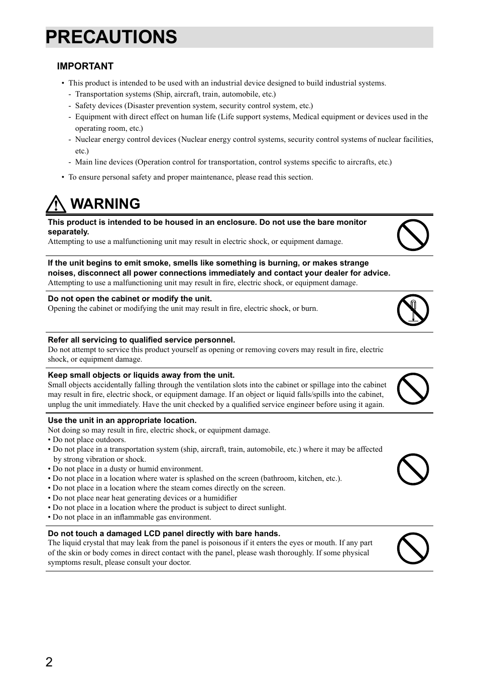 Precautions, Warning | Eizo DuraVision FDX1501 / FDX1501T 取扱説明書 User Manual | Page 15 / 58