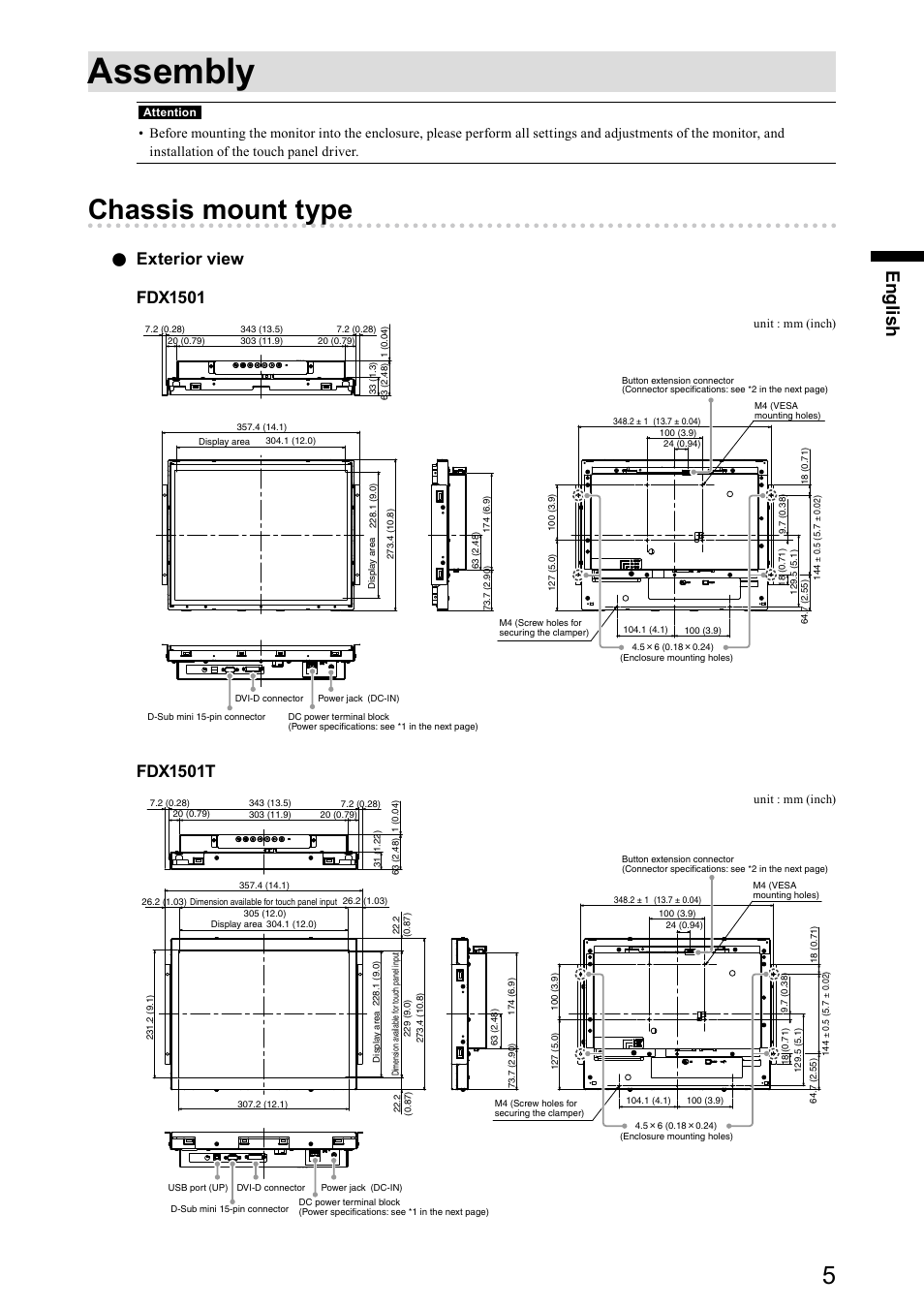 Assembly, Chassis mount type, En gli sh | Exterior view fdx1501, Fdx1501t | Eizo DuraVision FDX1501 / FDX1501T 取扱説明書 User Manual | Page 18 / 58