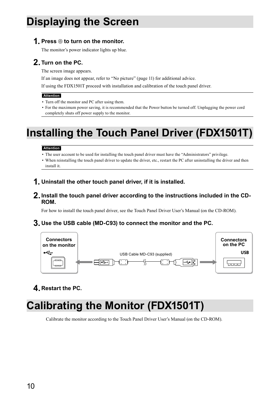 Displaying the screen, Installing the touch panel driver (fdx1501t), Calibrating the monitor (fdx1501t) | Eizo DuraVision FDX1501 / FDX1501T 取扱説明書 User Manual | Page 23 / 58