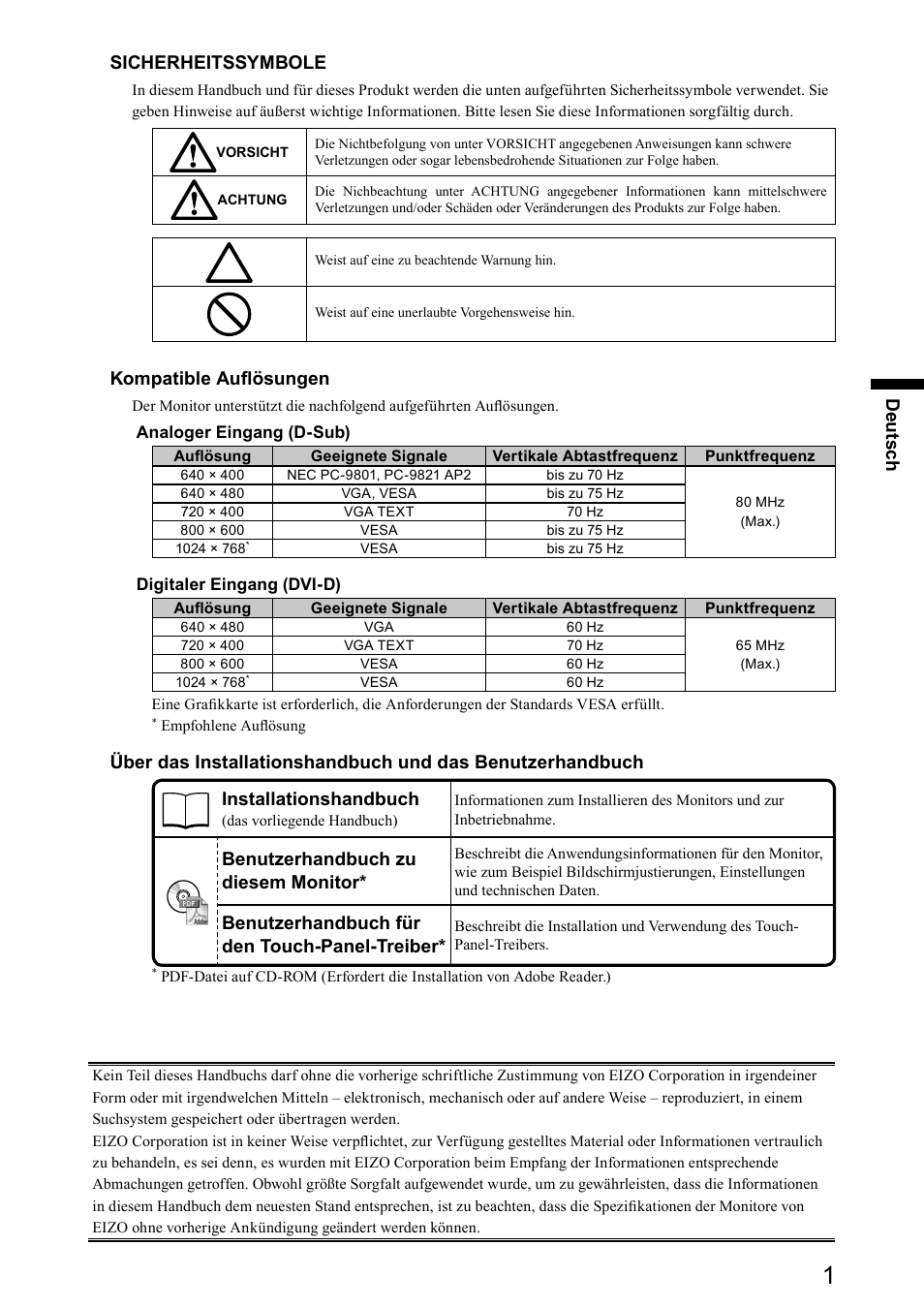 Deu ts ch sicherheitssymbole, Kompatible auflösungen, Benutzerhandbuch zu diesem monitor | Benutzerhandbuch für den touch-panel-treiber | Eizo DuraVision FDX1501 / FDX1501T 取扱説明書 User Manual | Page 25 / 58