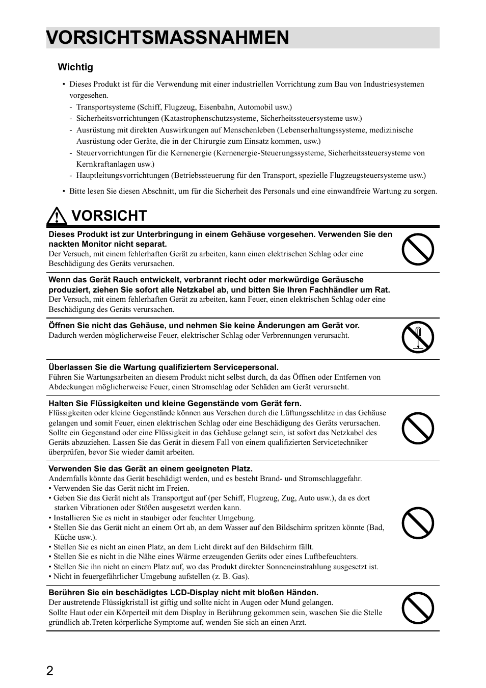 Vorsichtsmassnahmen, Vorsicht | Eizo DuraVision FDX1501 / FDX1501T 取扱説明書 User Manual | Page 26 / 58