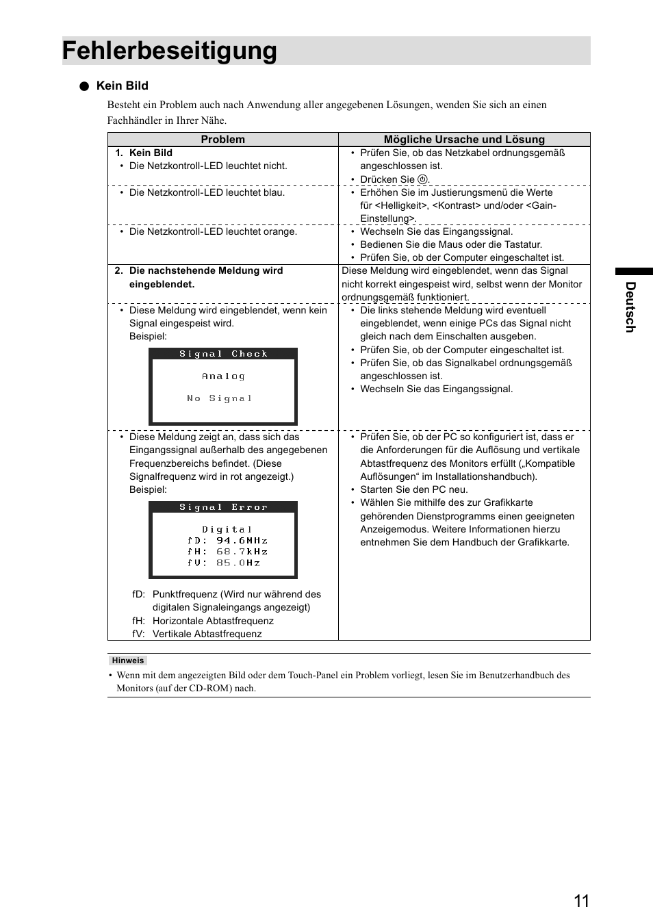 Fehlerbeseitigung | Eizo DuraVision FDX1501 / FDX1501T 取扱説明書 User Manual | Page 35 / 58