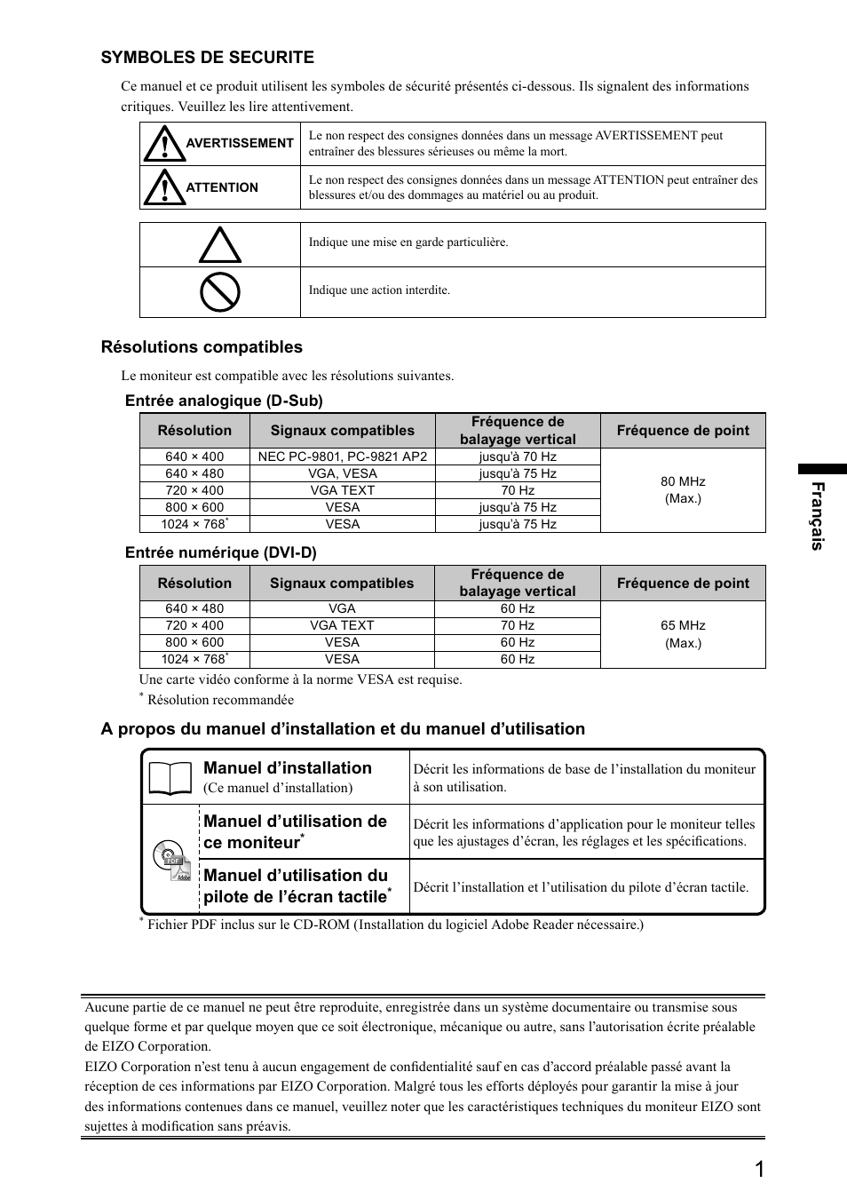 Fran ça is symboles de securite, Résolutions compatibles, Manuel d’utilisation de ce moniteur | Manuel d’utilisation du pilote de l’écran tactile | Eizo DuraVision FDX1501 / FDX1501T 取扱説明書 User Manual | Page 36 / 58