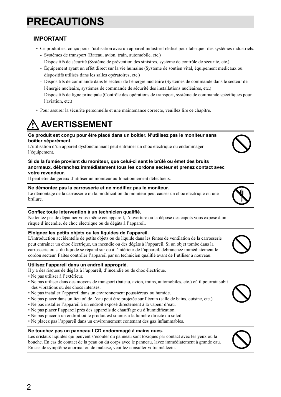 Precautions, Avertissement | Eizo DuraVision FDX1501 / FDX1501T 取扱説明書 User Manual | Page 37 / 58