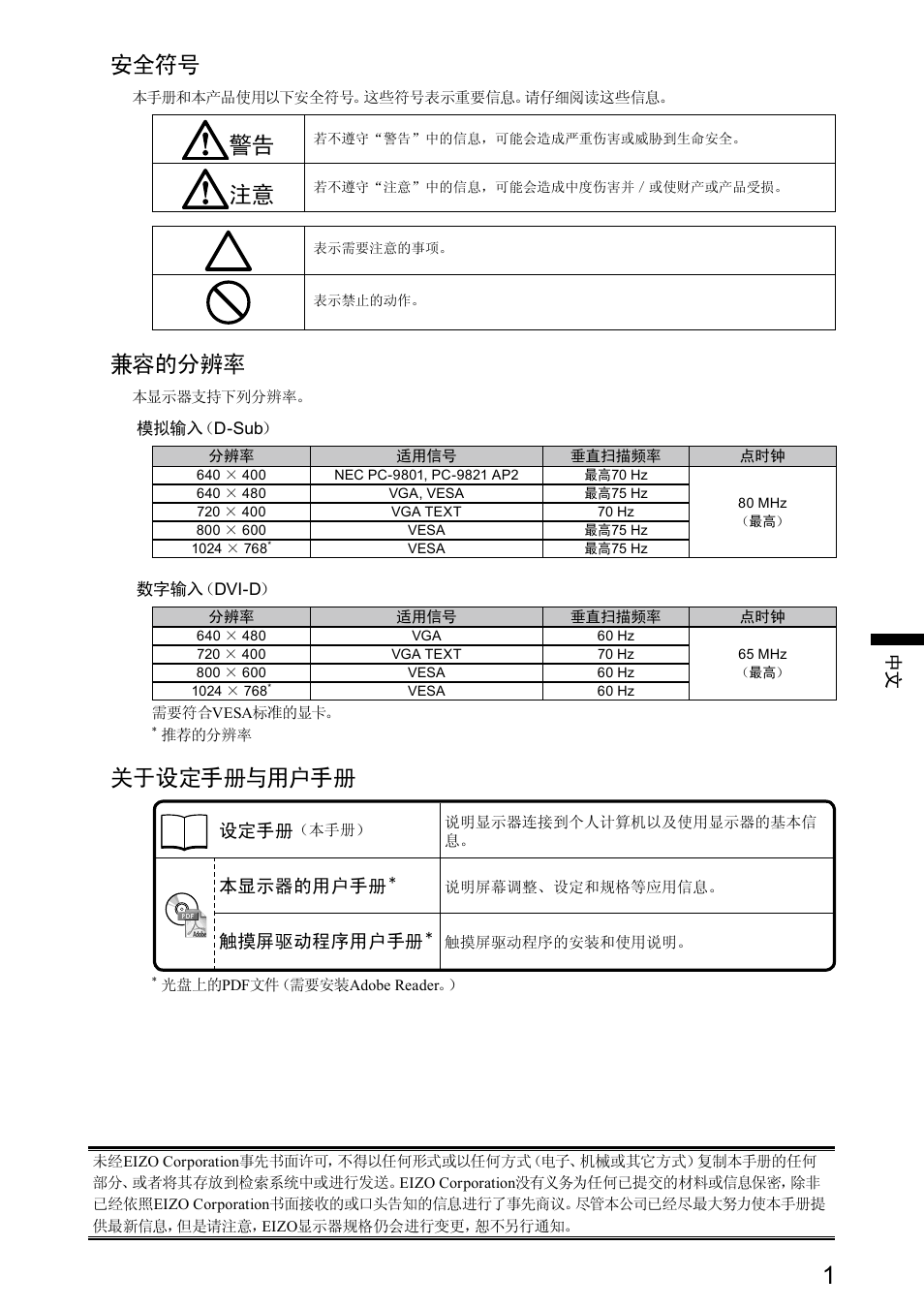 安全符号, 兼容的分辨率, 关于设定手册与用户手册 | Eizo DuraVision FDX1501 / FDX1501T 取扱説明書 User Manual | Page 47 / 58