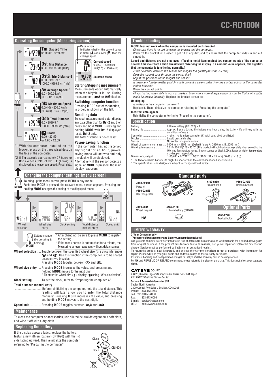Cc-rd100n, Standard parts, Optional parts | CatEye CC-RD100N User Manual | Page 2 / 2