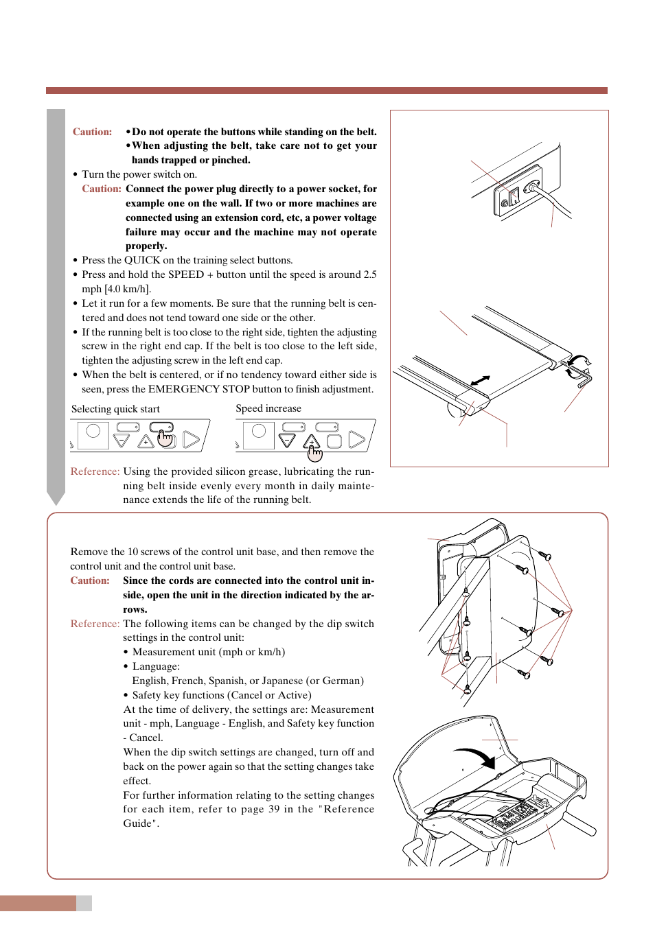 Adjust the running belt, How to open the control unit, Back | CatEye EC-T220 User Manual | Page 10 / 44