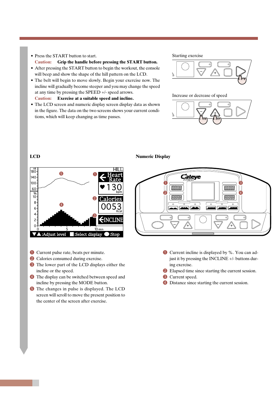 E c - t 2 2 0, Start your exercise, Lcd numeric display | CatEye EC-T220 User Manual | Page 14 / 44