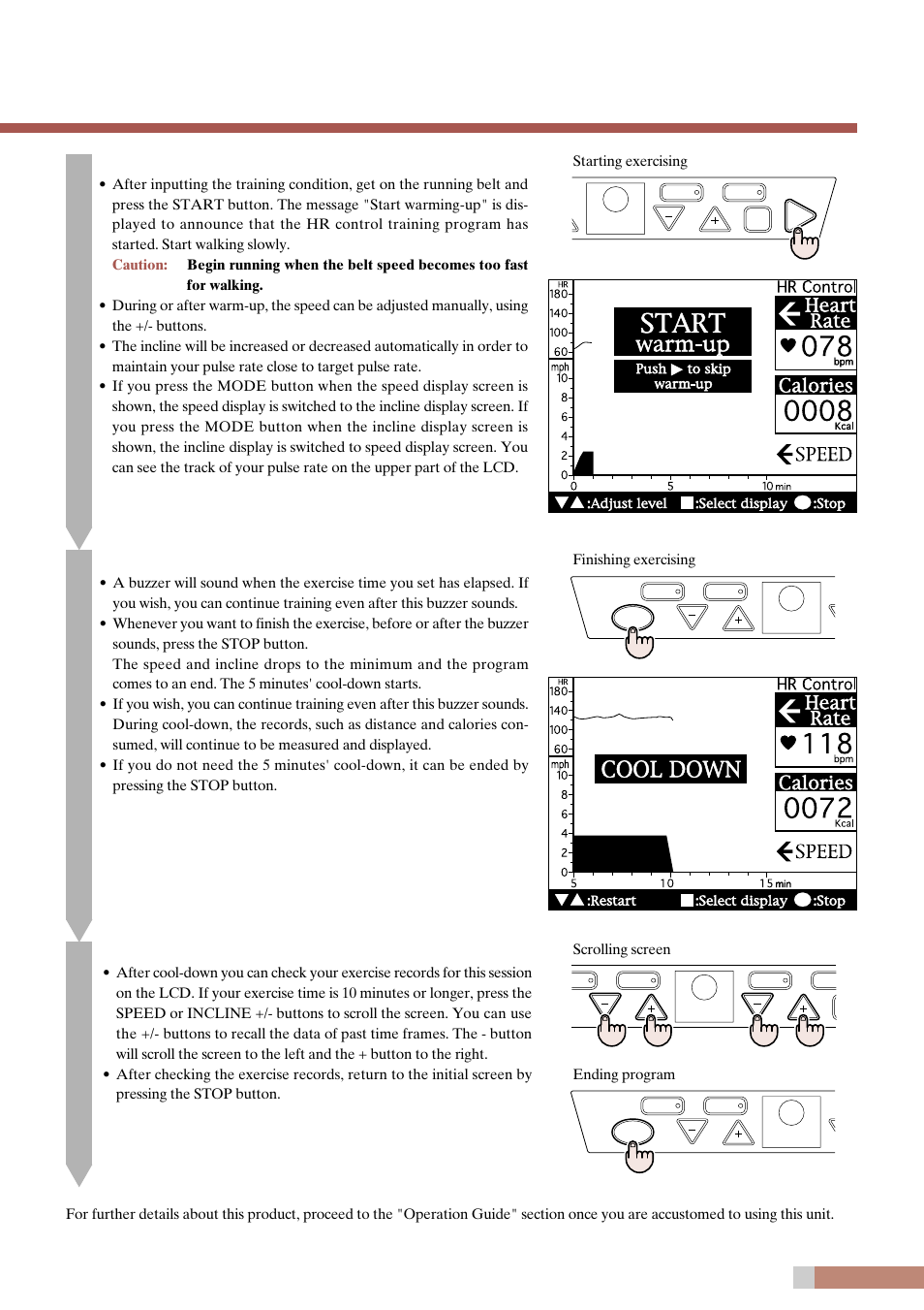 Start your exercise, Finish your exercise, Check your exercise record by scrolling the screen | CatEye EC-T220 User Manual | Page 19 / 44