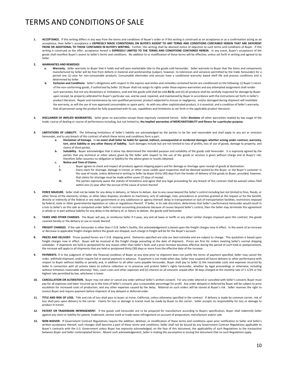 Terms and conditions of sale, Terms, Conditions | Sale | Electro-Chemical Devices (ECD) T80 User Manual | Page 11 / 75