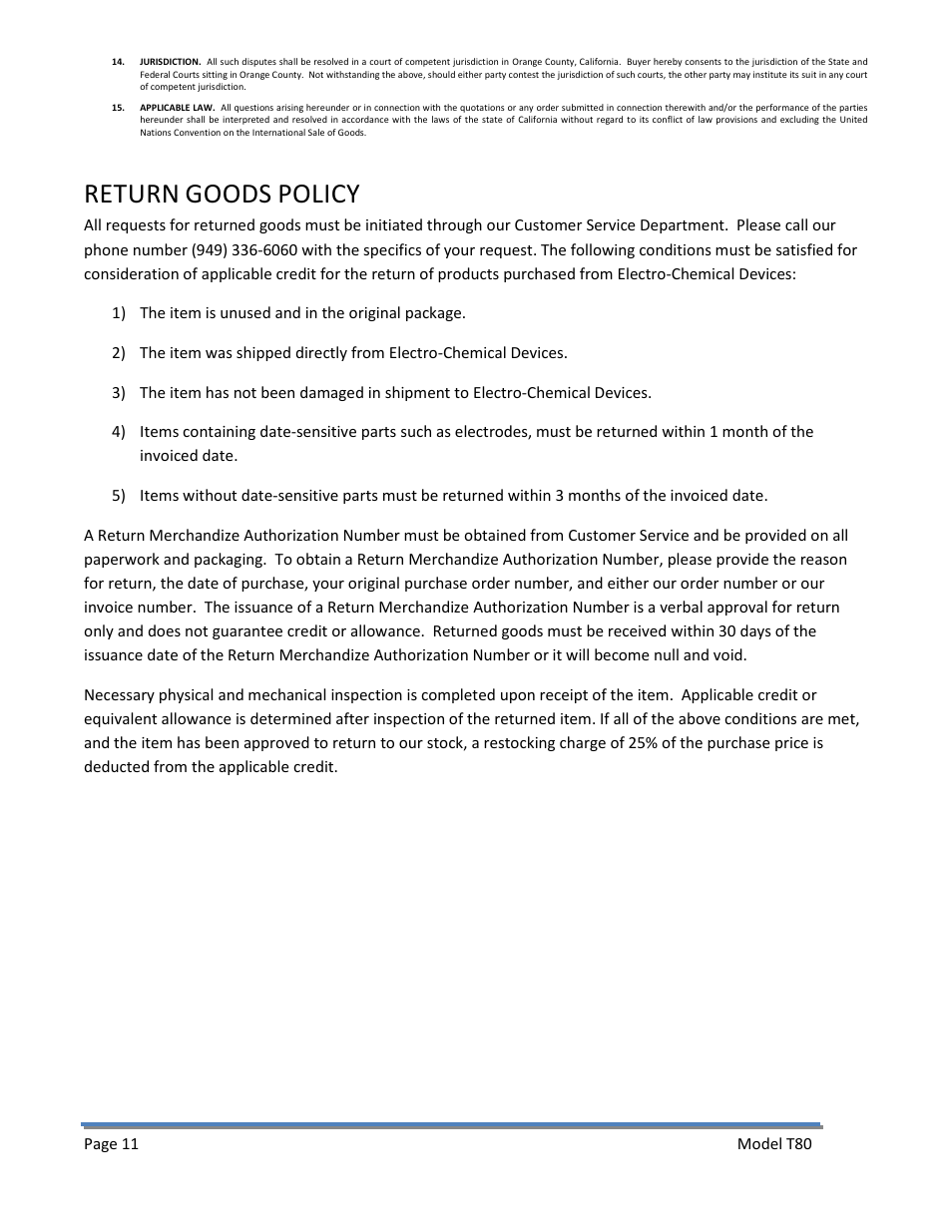 Return goods policy, Return, Goods | Policy | Electro-Chemical Devices (ECD) T80 User Manual | Page 12 / 75