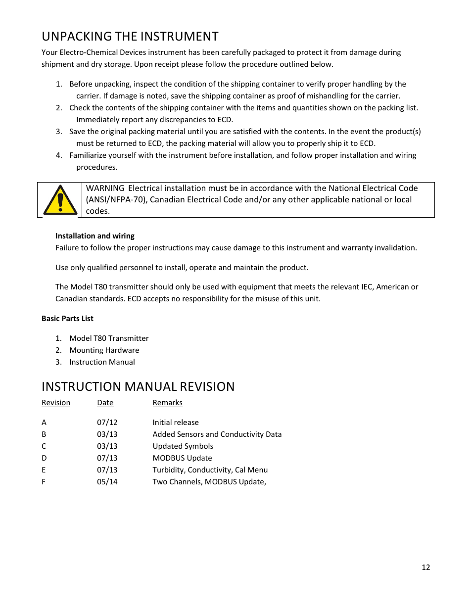 Unpacking the instrument, Instruction manual revision, Unpacking | Instrument, Instruction, Manual, Revision | Electro-Chemical Devices (ECD) T80 User Manual | Page 13 / 75