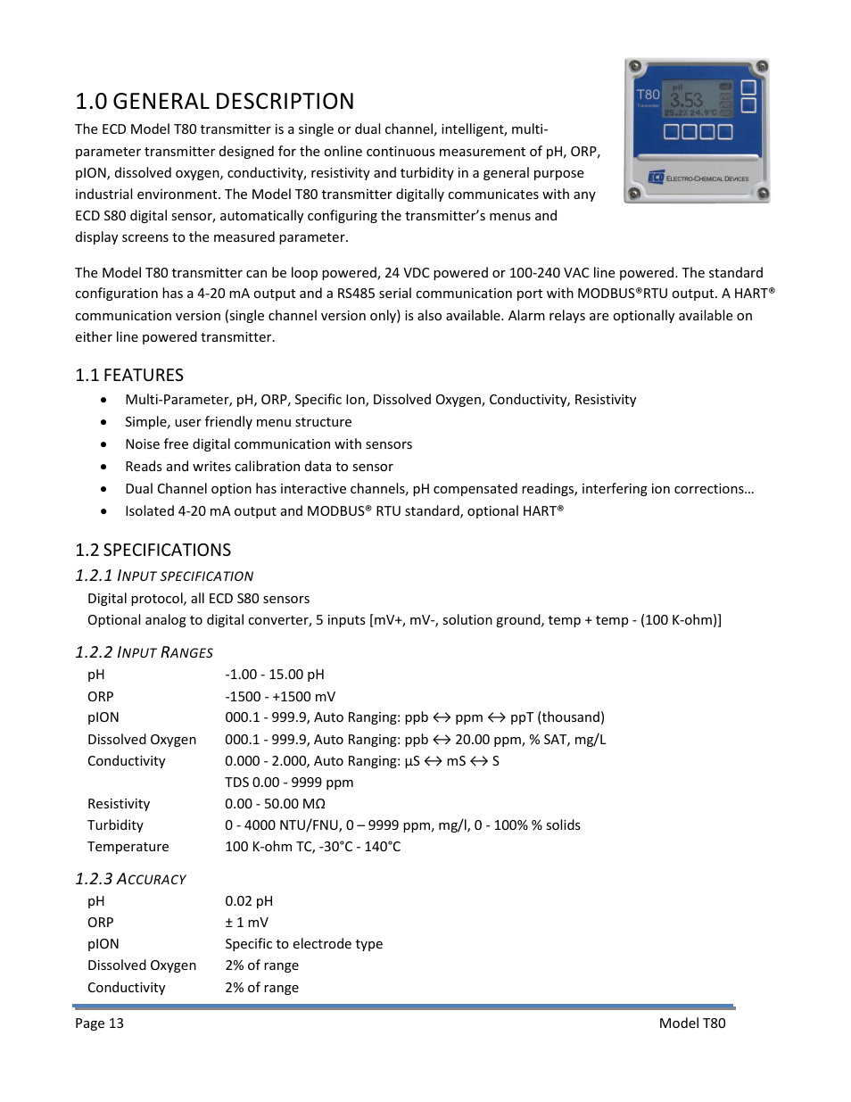 0 general description, 1 features, 2 specifications | 1 input specification, 2 input ranges, 3 accuracy, 1 features 1.2 specifications, General, Description | Electro-Chemical Devices (ECD) T80 User Manual | Page 14 / 75