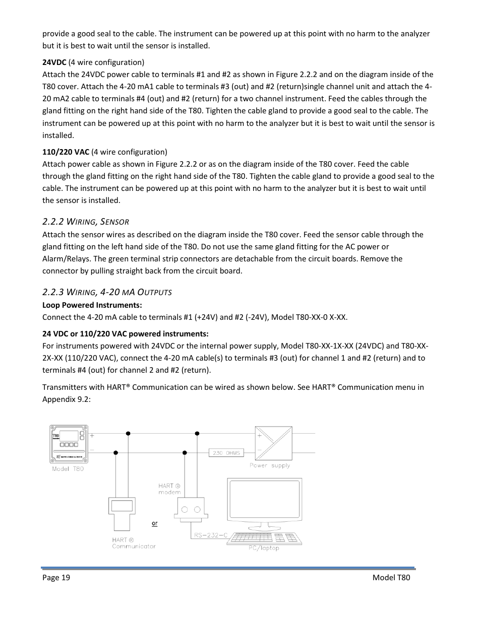 2 wiring, sensor, 3 wiring, 4-20 ma outputs, 2 wiring, sensor 2.2.3 wiring, 4-20 ma outputs | Electro-Chemical Devices (ECD) T80 User Manual | Page 20 / 75