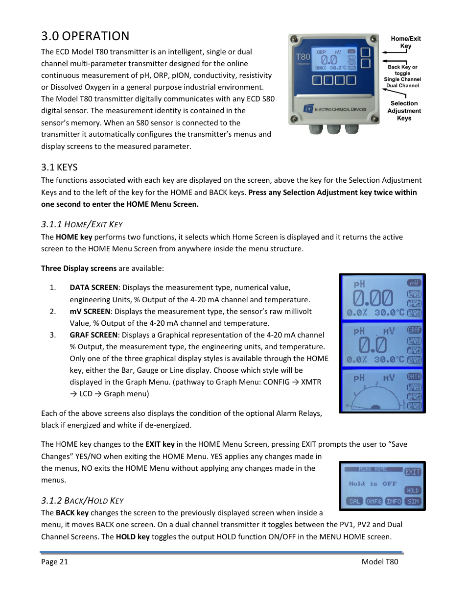 0 operation, 1 keys, 1 home/exit key | 2 back/hold key, 1 home/exit key 3.1.2 back/hold key, Operation | Electro-Chemical Devices (ECD) T80 User Manual | Page 22 / 75