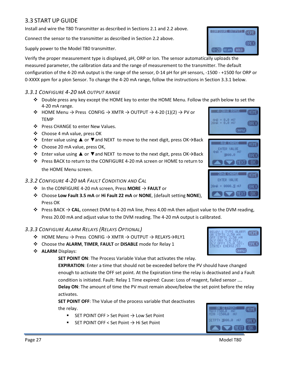 3 start up guide, 1 configure 4-20 ma output range, 2 configure 4-20 ma fault condition and cal | 3 configure alarm relays (relays optional) | Electro-Chemical Devices (ECD) T80 User Manual | Page 28 / 75