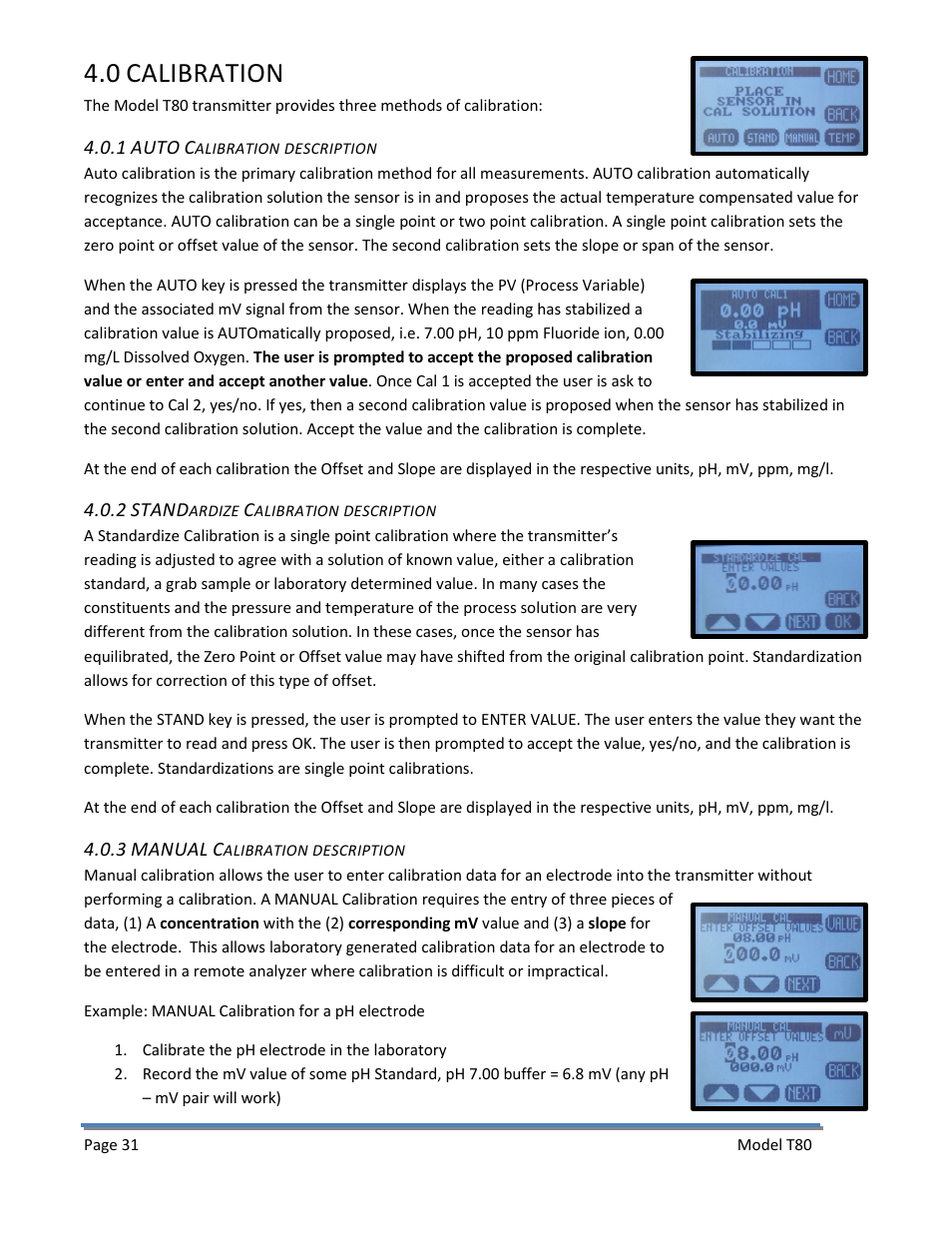 0 calibration, 1 auto calibration description, 2 standardize calibration description | 3 manual calibration description, Calibration | Electro-Chemical Devices (ECD) T80 User Manual | Page 32 / 75