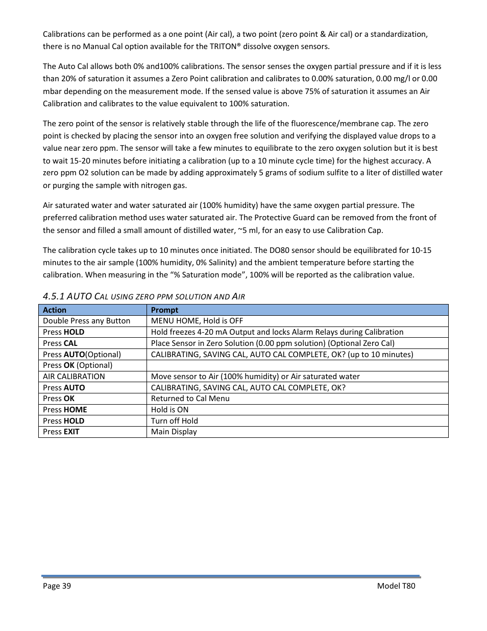 1 auto cal using zero ppm solution and air | Electro-Chemical Devices (ECD) T80 User Manual | Page 40 / 75