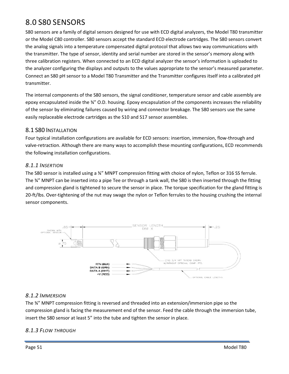 0 s80 sensors, 1 s80 installation, 1 insertion | 2 immersion, 3 flow through, 1 insertion 8.1.2 immersion 8.1.3 flow through, Sensors | Electro-Chemical Devices (ECD) T80 User Manual | Page 52 / 75