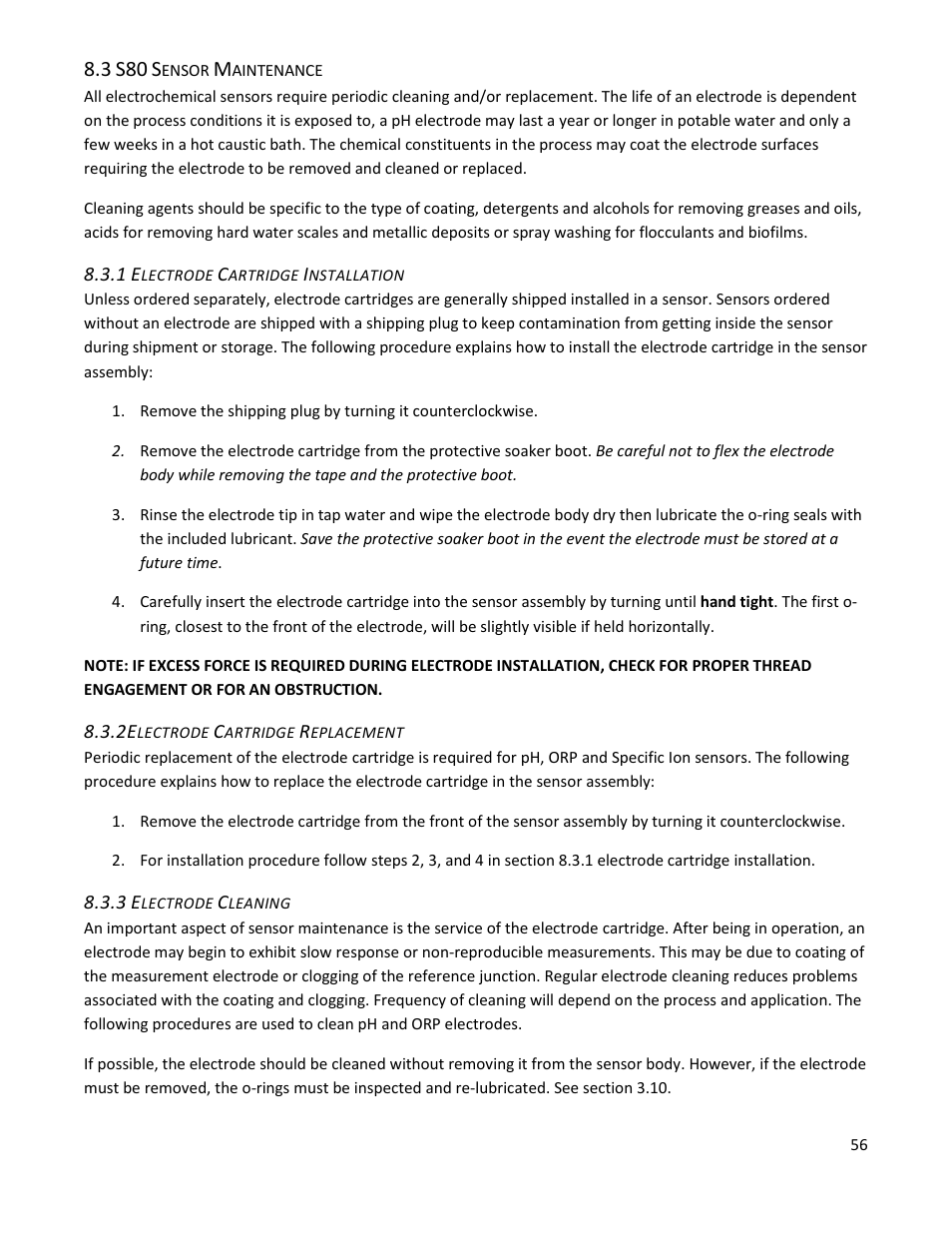 3 s80 sensor maintenance, 1 electrode cartridge installation, 2electrode cartridge replacement | 3 electrode cleaning | Electro-Chemical Devices (ECD) T80 User Manual | Page 57 / 75