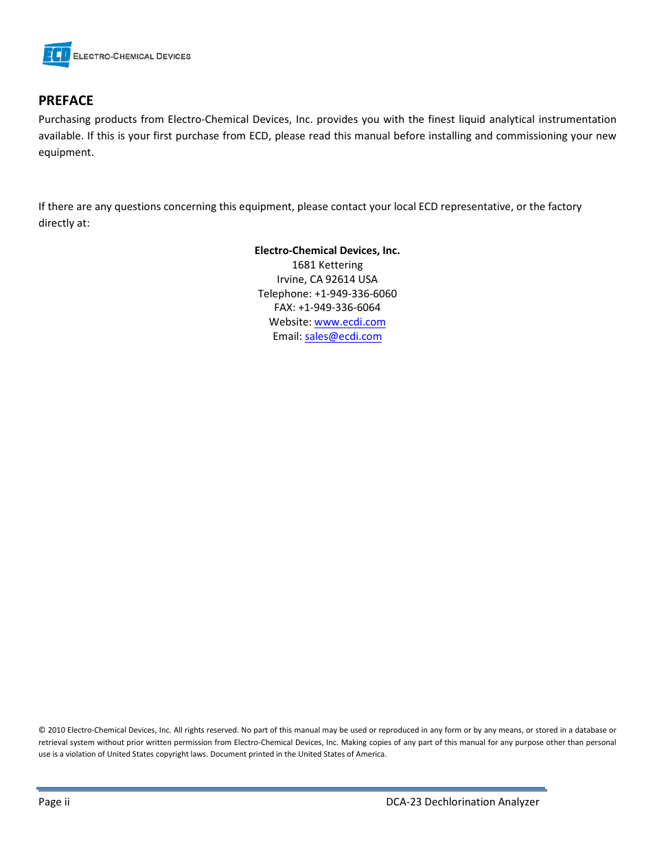 Preface | Electro-Chemical Devices (ECD) DCA-23 User Manual | Page 2 / 30