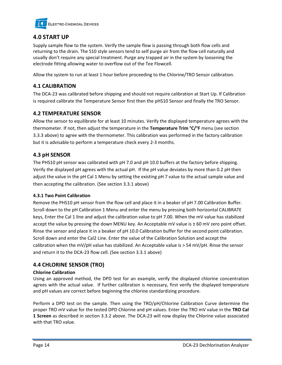 0 start up | Electro-Chemical Devices (ECD) DCA-23 User Manual | Page 20 / 30