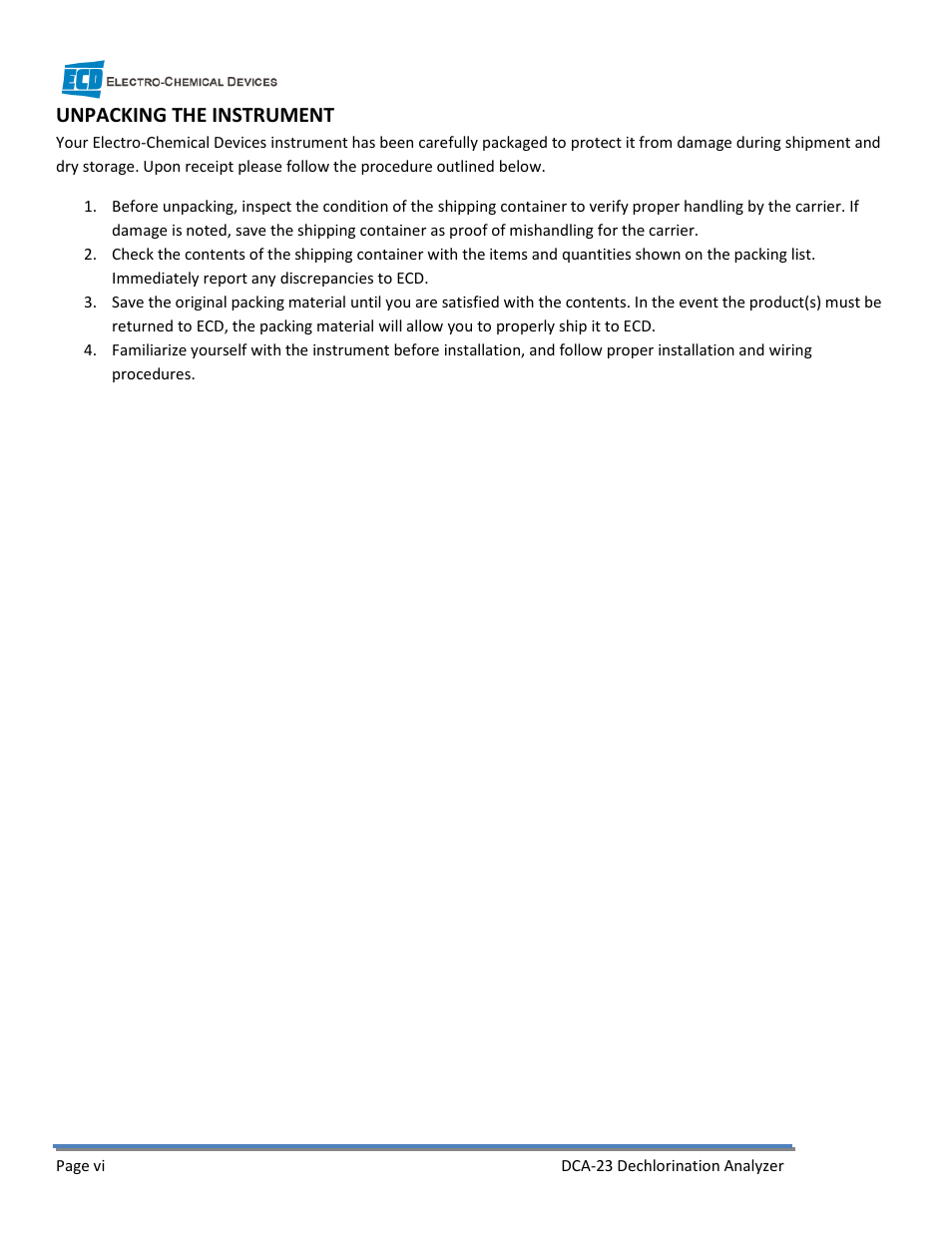 Unpacking the instrument | Electro-Chemical Devices (ECD) DCA-23 User Manual | Page 6 / 30