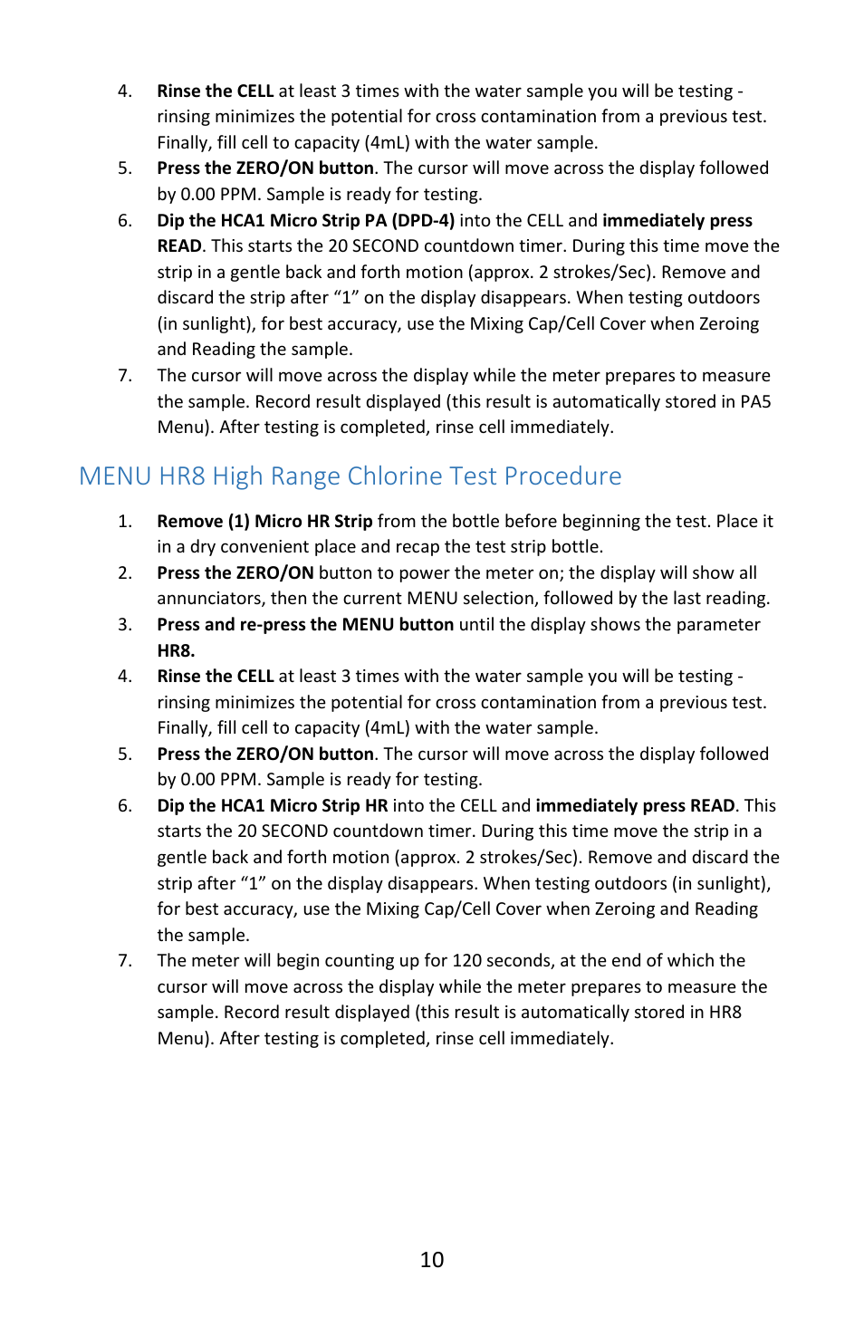 Menu hr8 high range chlorine test procedure | Electro-Chemical Devices (ECD) HCA1 User Manual | Page 10 / 12