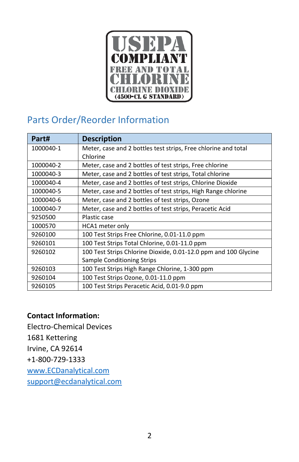 Parts order/reorder information | Electro-Chemical Devices (ECD) HCA1 User Manual | Page 2 / 12