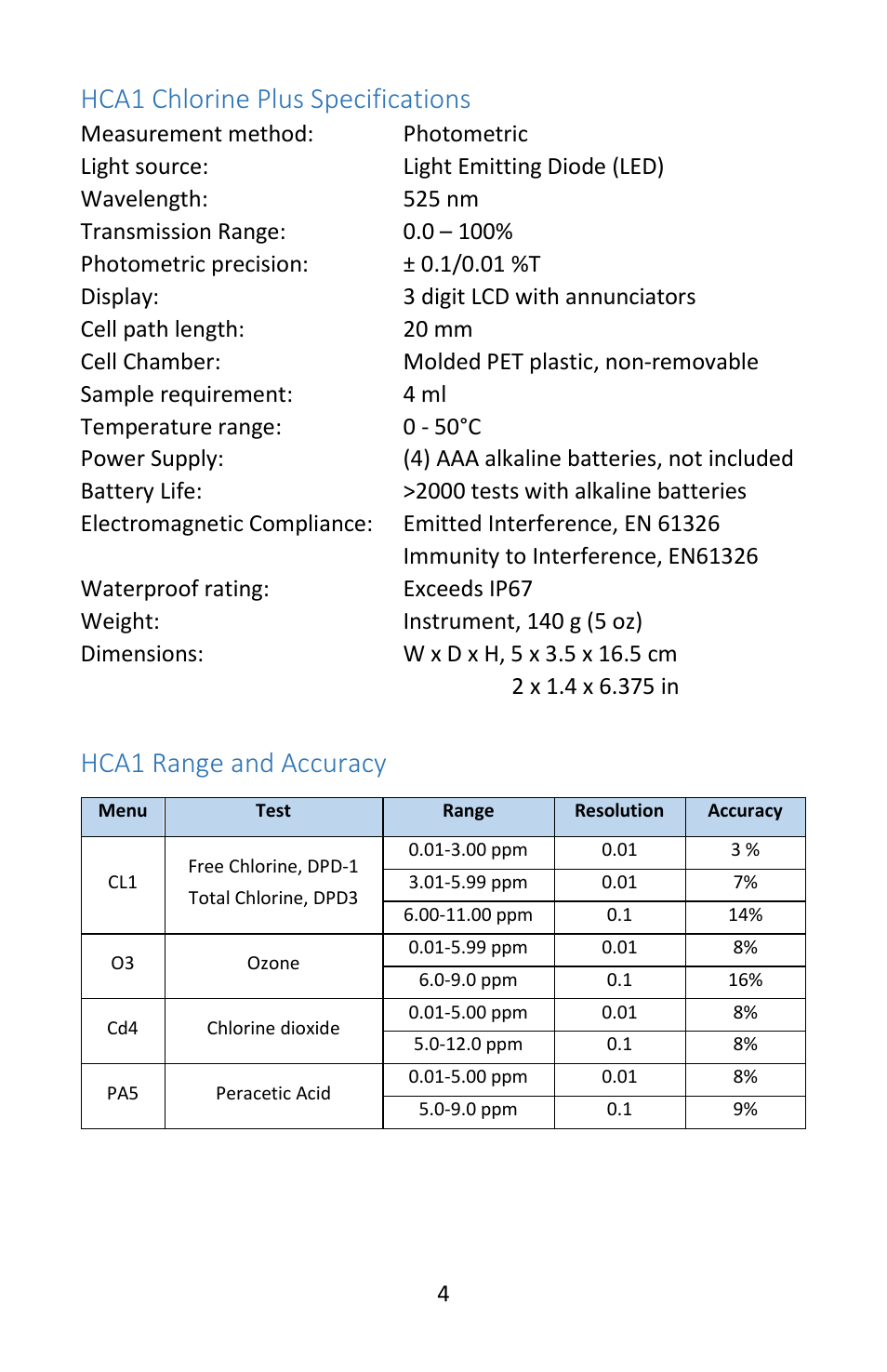 Hca1 chlorine plus specifications, Hca1 range and accuracy | Electro-Chemical Devices (ECD) HCA1 User Manual | Page 4 / 12