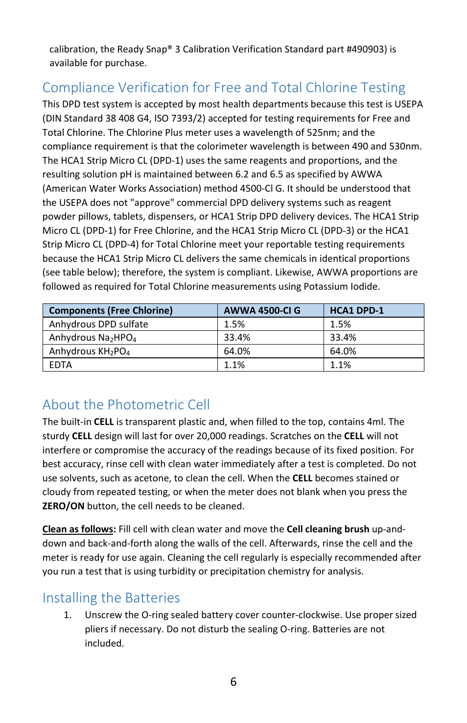 About the photometric cell, Installing the batteries | Electro-Chemical Devices (ECD) HCA1 User Manual | Page 6 / 12