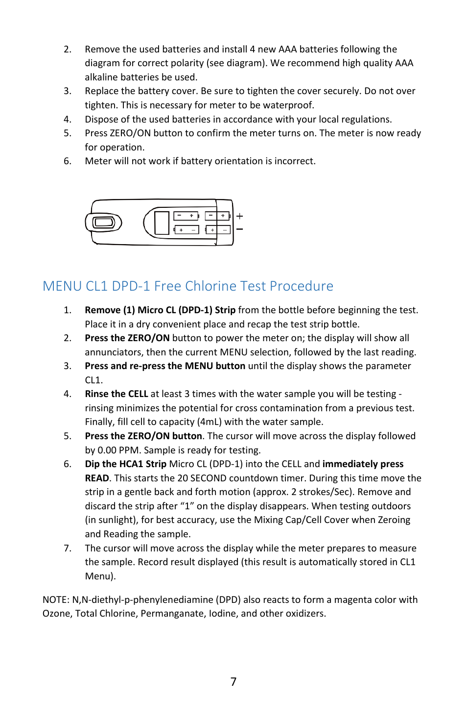 Menu cl1 dpd-1 free chlorine test procedure | Electro-Chemical Devices (ECD) HCA1 User Manual | Page 7 / 12