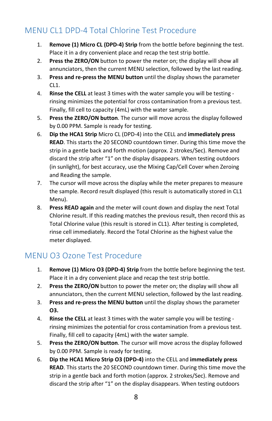 Menu cl1 dpd-4 total chlorine test procedure, Menu o3 ozone test procedure | Electro-Chemical Devices (ECD) HCA1 User Manual | Page 8 / 12