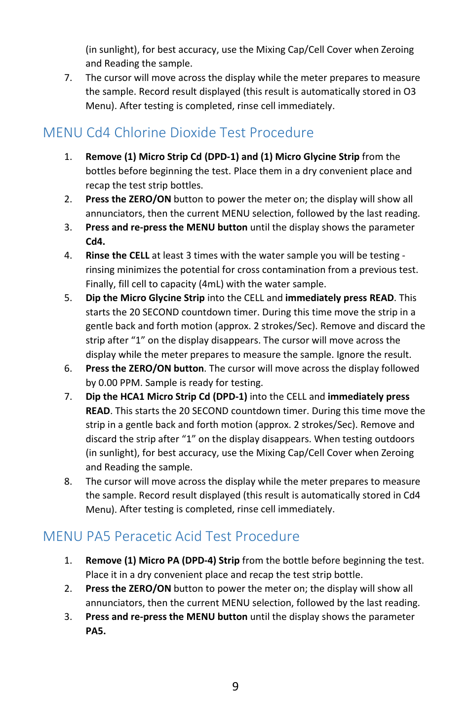 Menu cd4 chlorine dioxide test procedure, Menu pa5 peracetic acid test procedure | Electro-Chemical Devices (ECD) HCA1 User Manual | Page 9 / 12