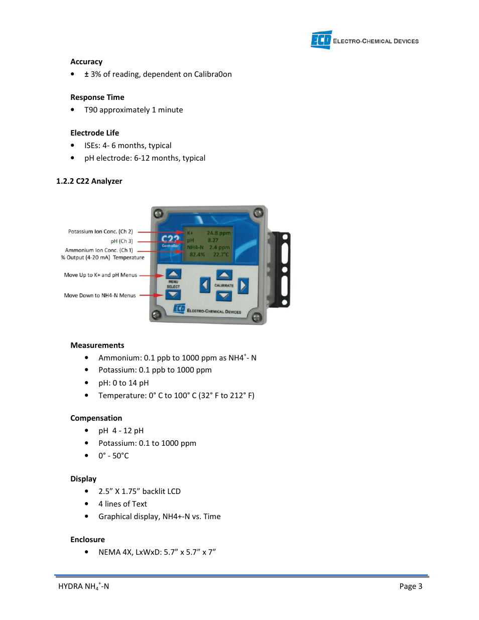 Electro-Chemical Devices (ECD) HYDRA Ammonium User Manual | Page 11 / 42